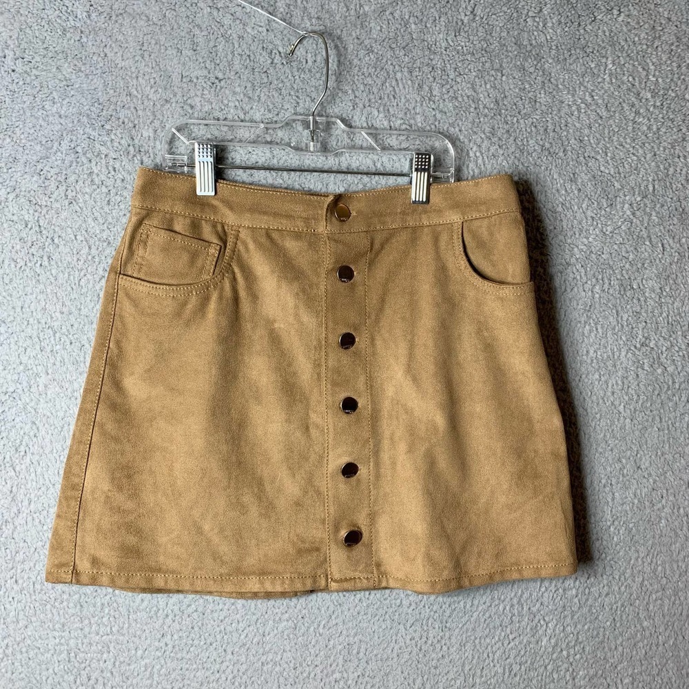 EXPRESS Skirt Womens 2 Faux Suede Mini Exposed Button A Line Light Tan Beige‎